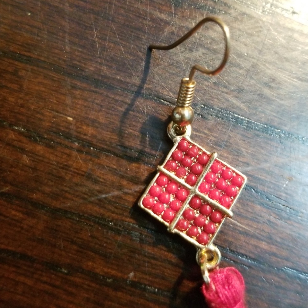 2/$15 - NWOT Handmade Red Gold Tassel Dangle Earrings - Picture 3 of 4